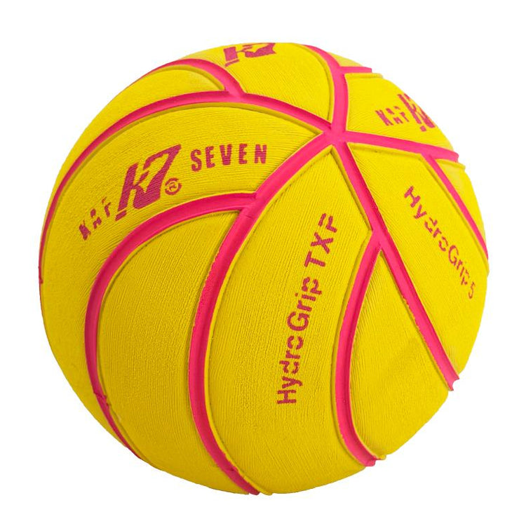 A yellow and pink water polo ball with 'K7' and 'HydroGrip TXP' branding, shown on a solid white background.