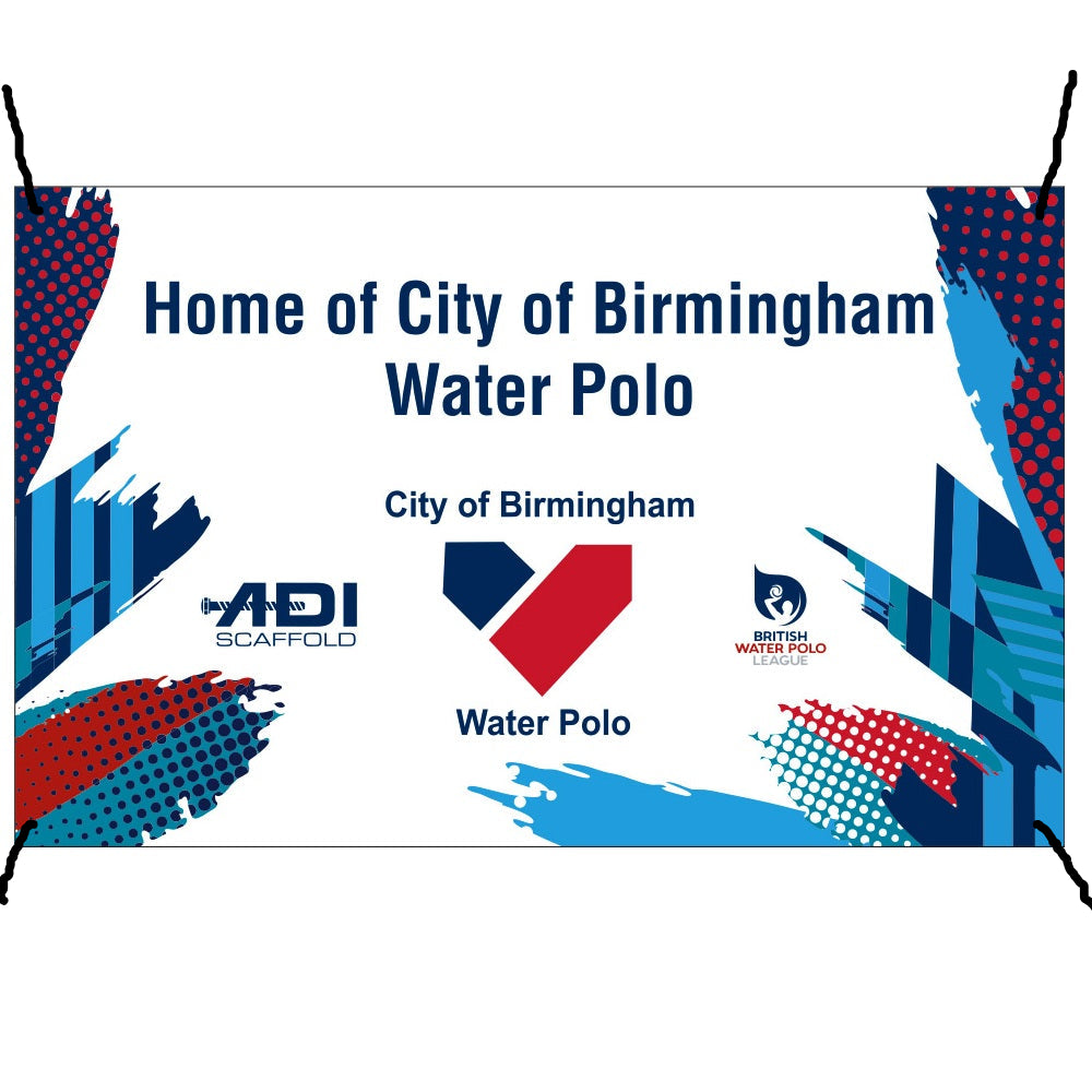 Promotional banner for City of Birmingham Water Polo with logos and text on a white background