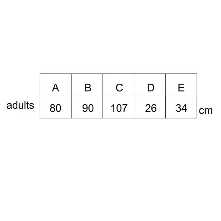 A simple size chart showing adult measurements for a custom designed toweling poncho in centimeters for five categories labeled A through E, with values 80, 90, 107, 26, and 34.