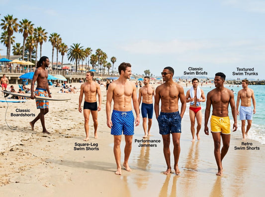 Group of beach goers wearing a range of different swimwear styles from boardshorts to speedos