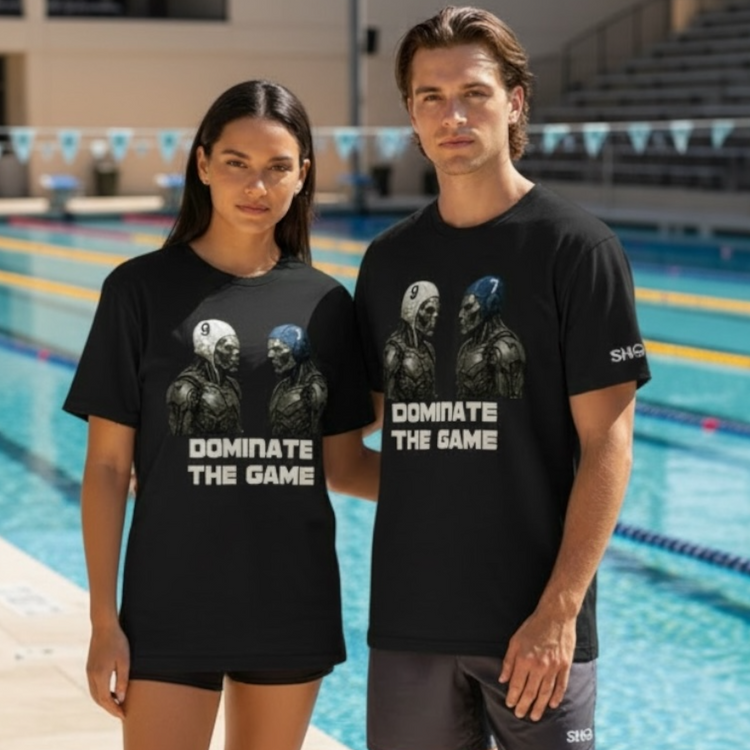 Two people wearing black t-shirts with a water polo themed graphic design and text in front of a pool.