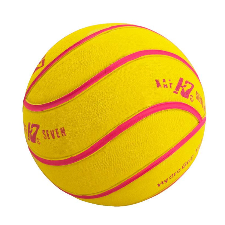 A yellow hydrostatic waterpolo ball size 5 with pink seams and printed pink branding, shown on a solid white background.