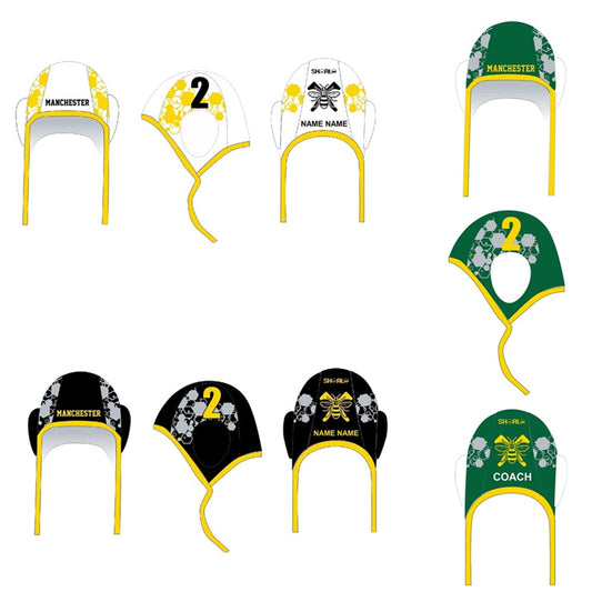 Collection of waterpolo caps with various designs and text on a white background