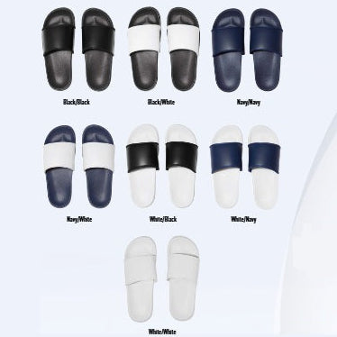 selection of black, white, navy sandals, sliders which can be customised displayed in pairs on a white background.